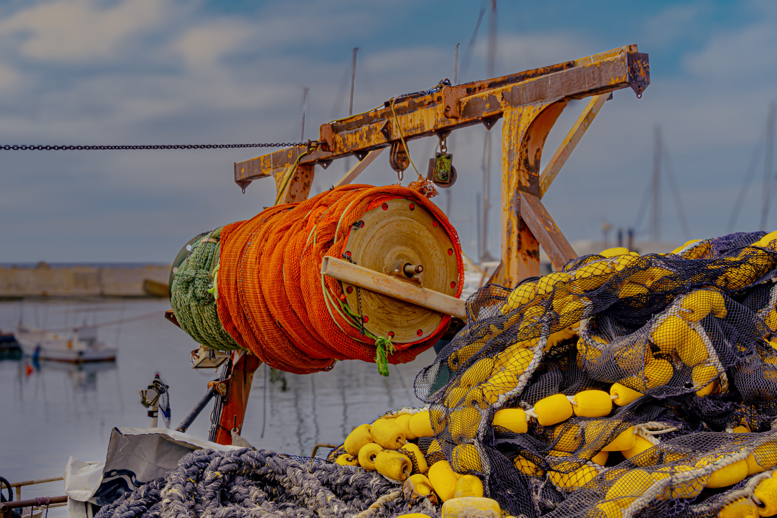 Fishing nets hanging in Yafo Port during sunrise, Tel Aviv, Israel.