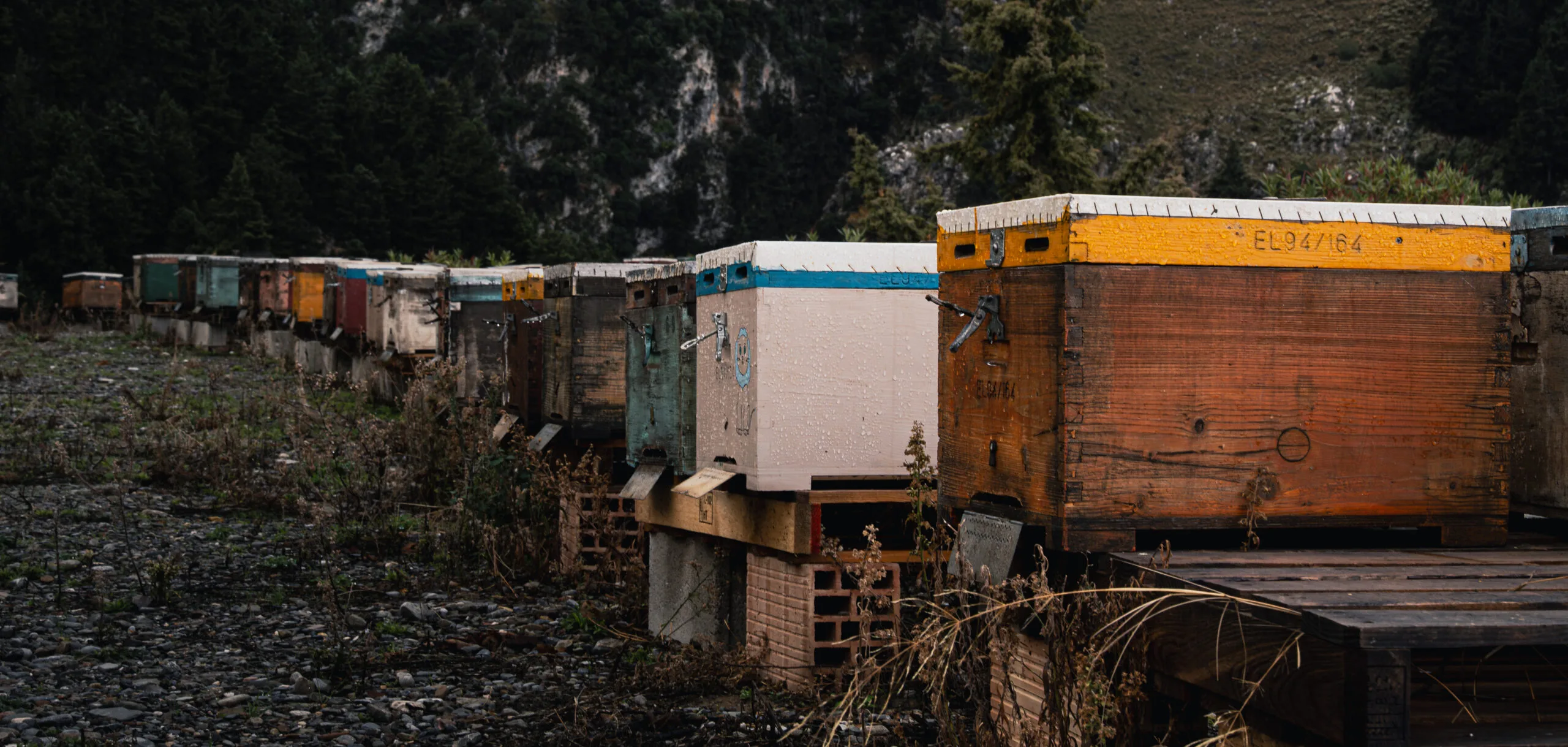 Traditional beehives in the foothills of the Lefká Ori (White Mountains), Crete, Greece.
