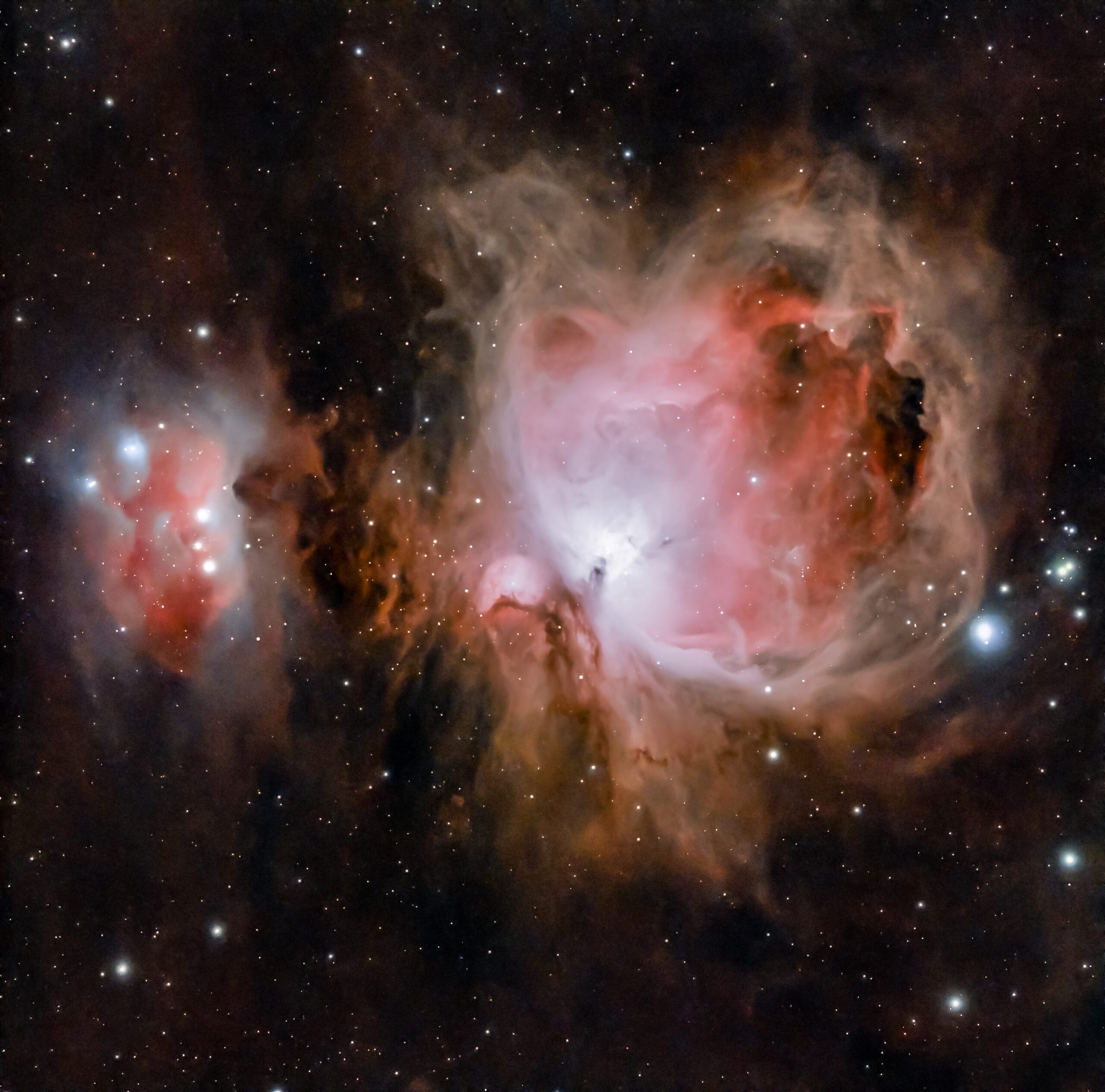 Orion Nebula (M42) captured from Tel Aviv, Israel, under Bortle 9 skies using a dual-band filter, revealing the vibrant hydrogen emission of this nearby stellar nursery.