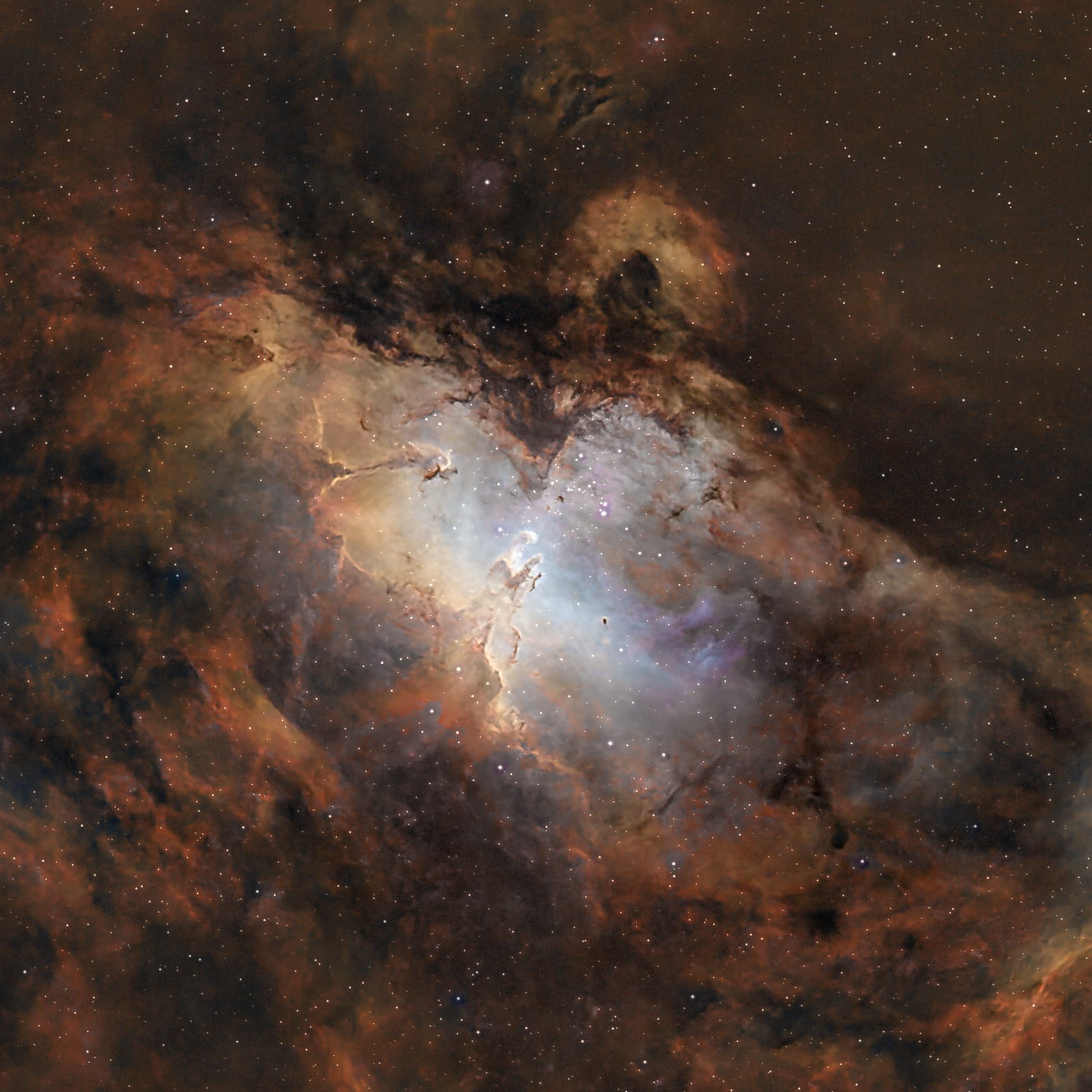 Eagle Nebula (M16) captured in SHO, revealing the rich emission clouds and the famous Pillars of Creation in the constellation Serpens.