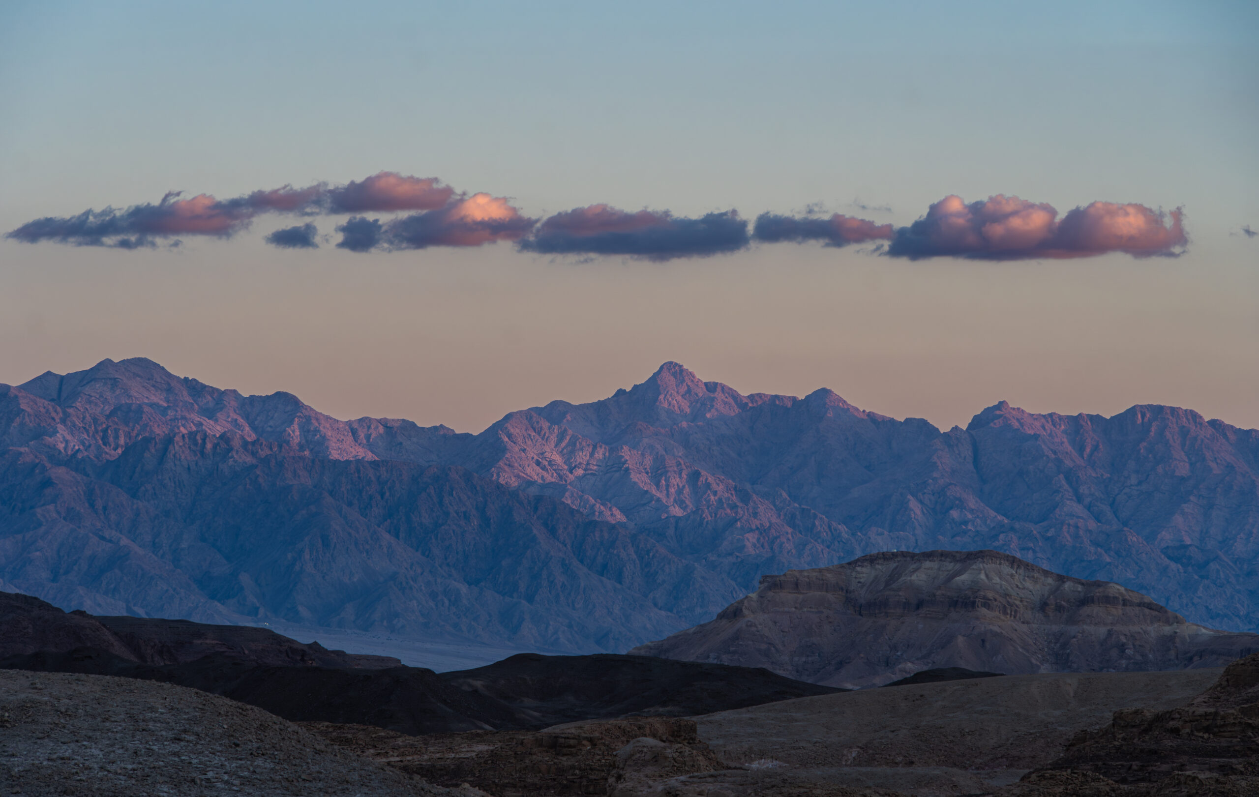 Sunset over the Arava Mountains in the Arava Desert, Israel.