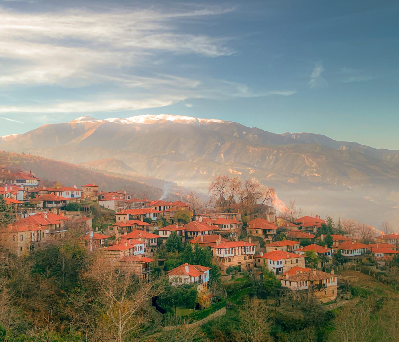 Traditional stone village of Palaios Panteleimon overlooking Mount Olympus, Greece.