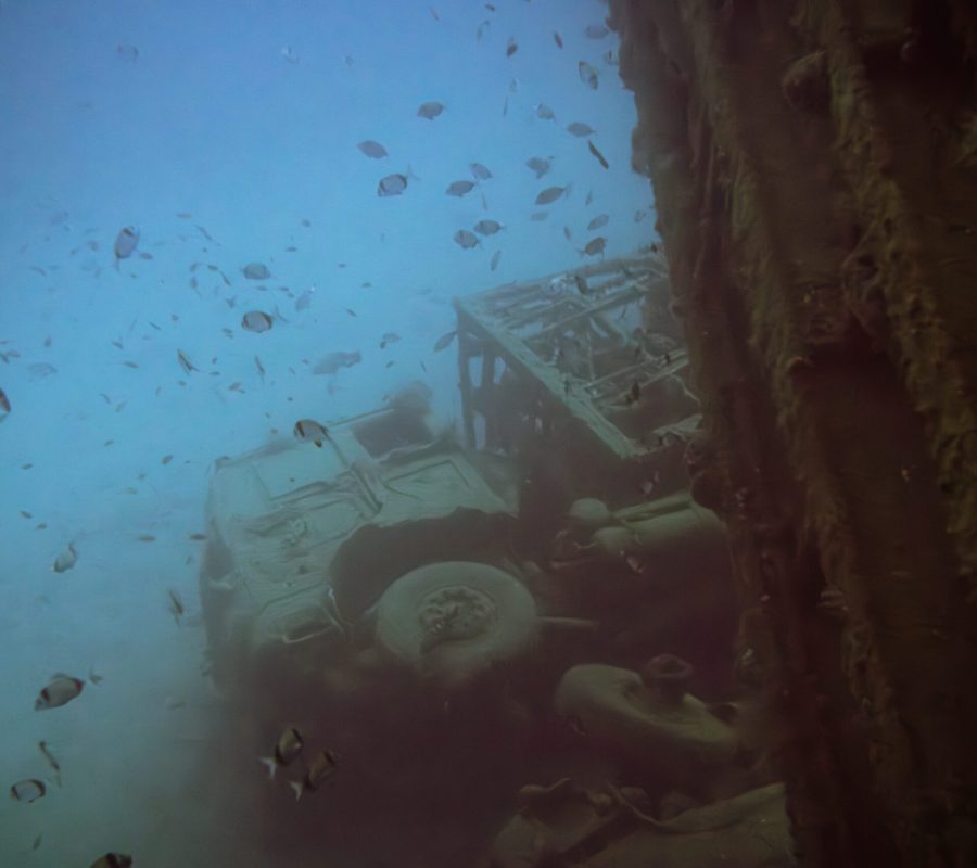 Cargo truck resting inside the Zenobia Wreck in the Mediterranean Sea near Larnaca, Cyprus.
