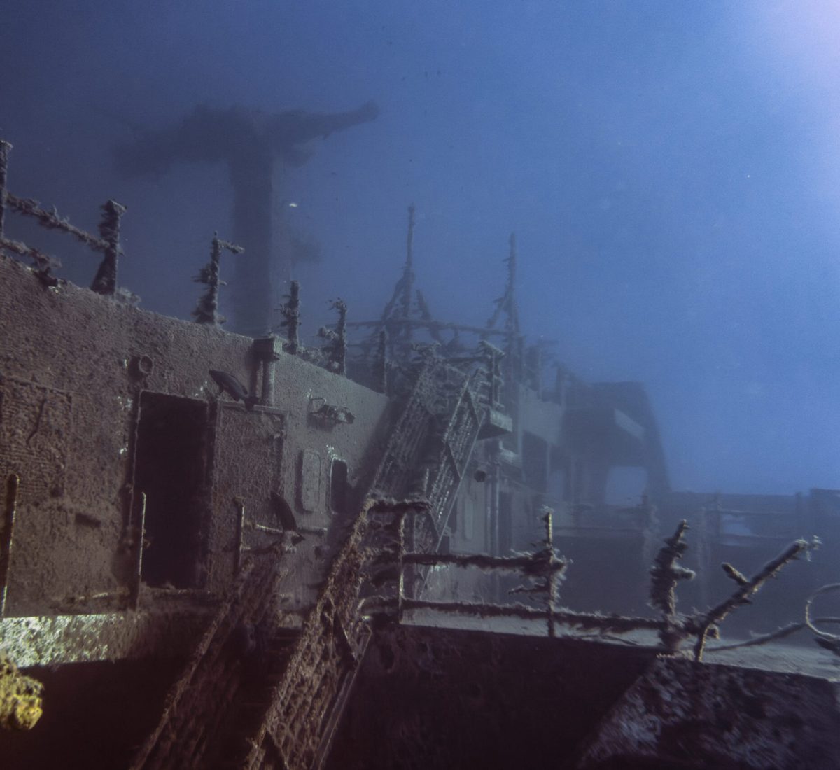 The tilted decks of the Zenobia Wreck in the Mediterranean Sea near Larnaca, Cyprus.